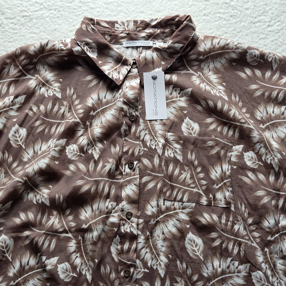 Notations Button Up Shirt Womens Plus 2X Brown Collared Short Sleeve Floral Top